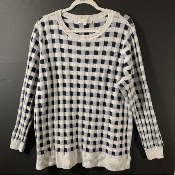 LOFT Plus Wool Blend Navy Gingham Sweater - Picture 2 of 7